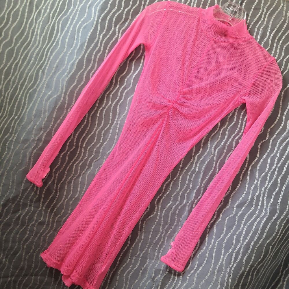 Club Exx Fishnet Dress Size Small Pink Rave Stretch Thumb Holes Dolls Kill NWOT